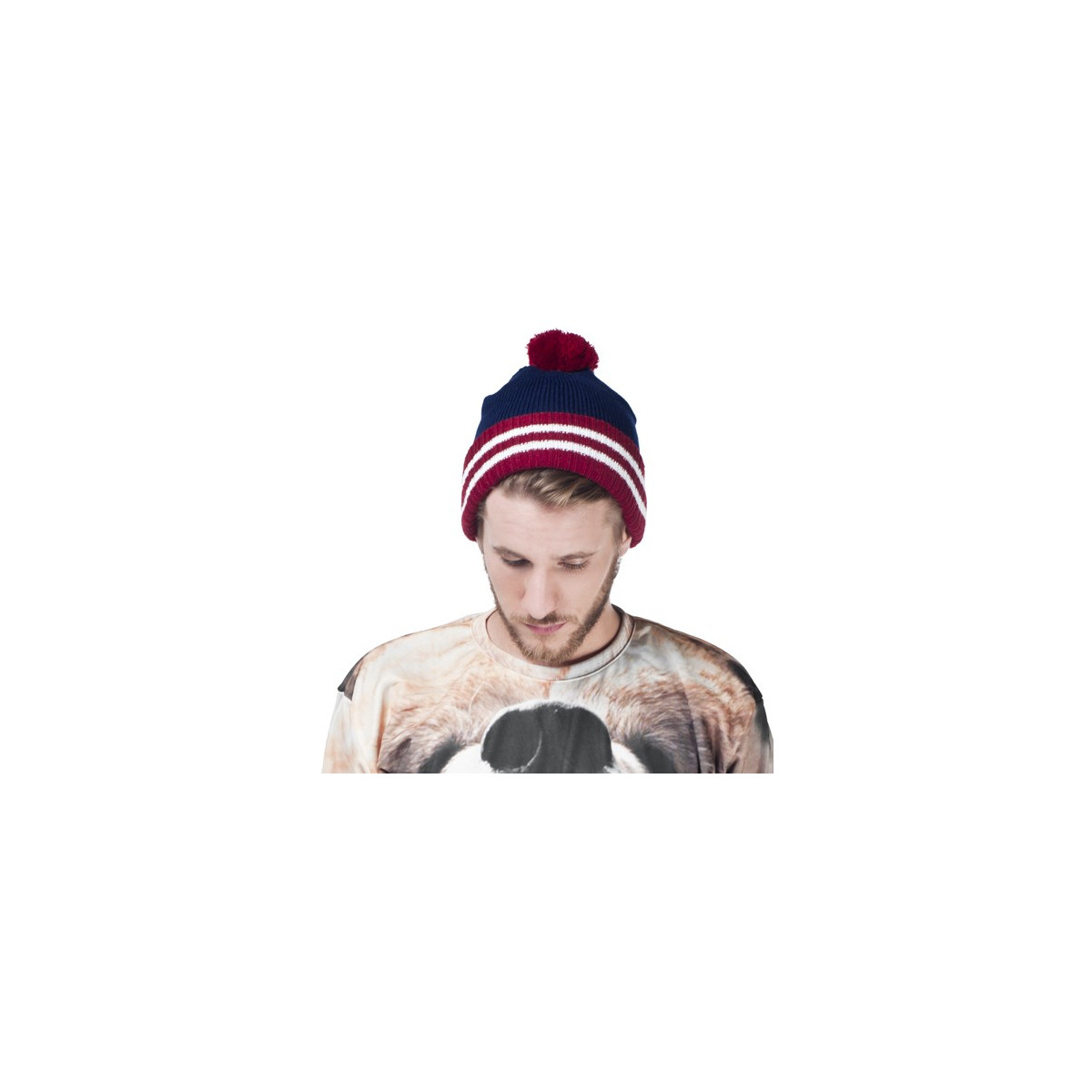 czapka POMPON PASKI /granatowy+czerwony/