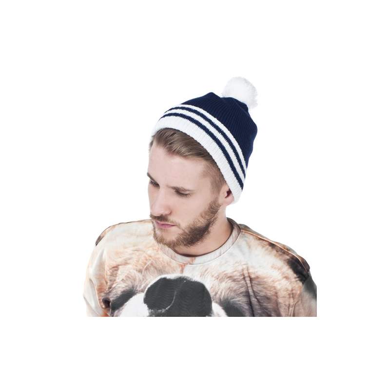 czapka POMPON PASKI /granatowy+biały/