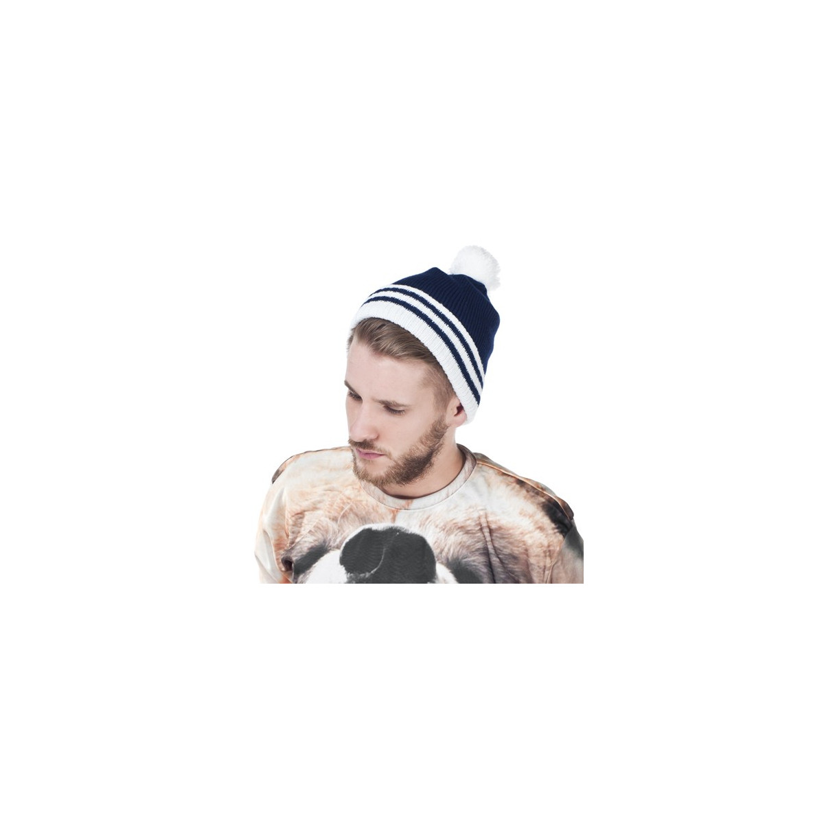 czapka POMPON PASKI /granatowy+biały/