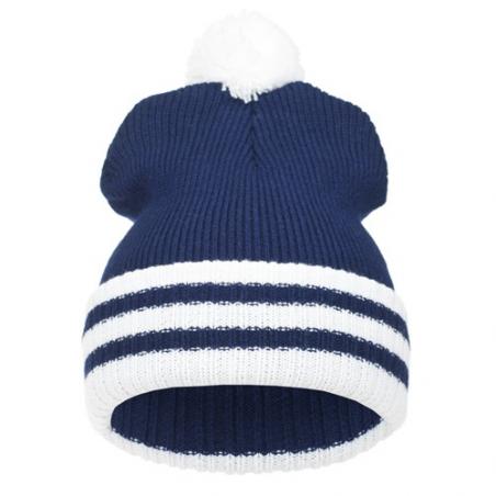 czapka POMPON PASKI /granatowy+biały/