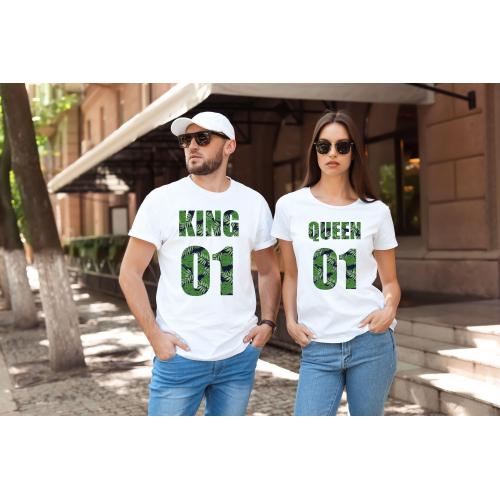 T-shirty dla par QUEEN & KING  weed przód lady/oversize biale 2 szt