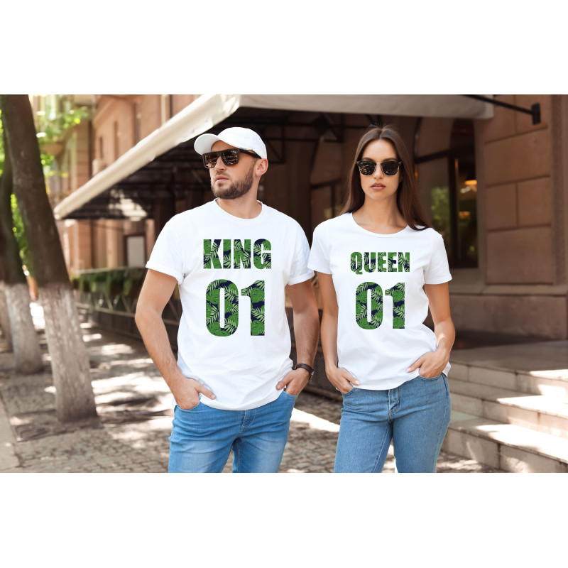T-shirty dla par QUEEN & KING  weed przód lady/oversize biale 2 szt