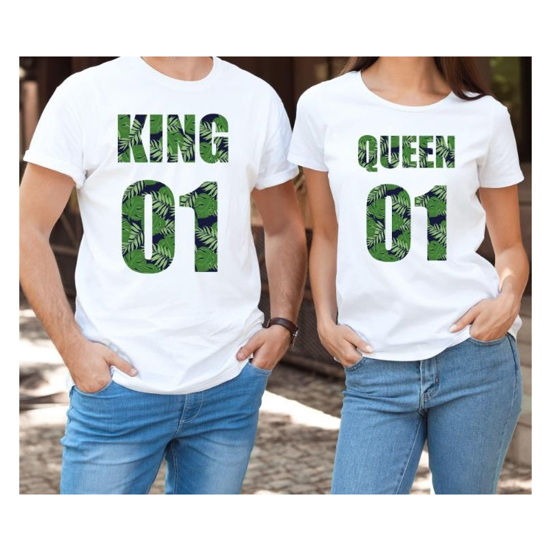 T-shirty dla par QUEEN & KING  weed przód lady/oversize biale 2 szt