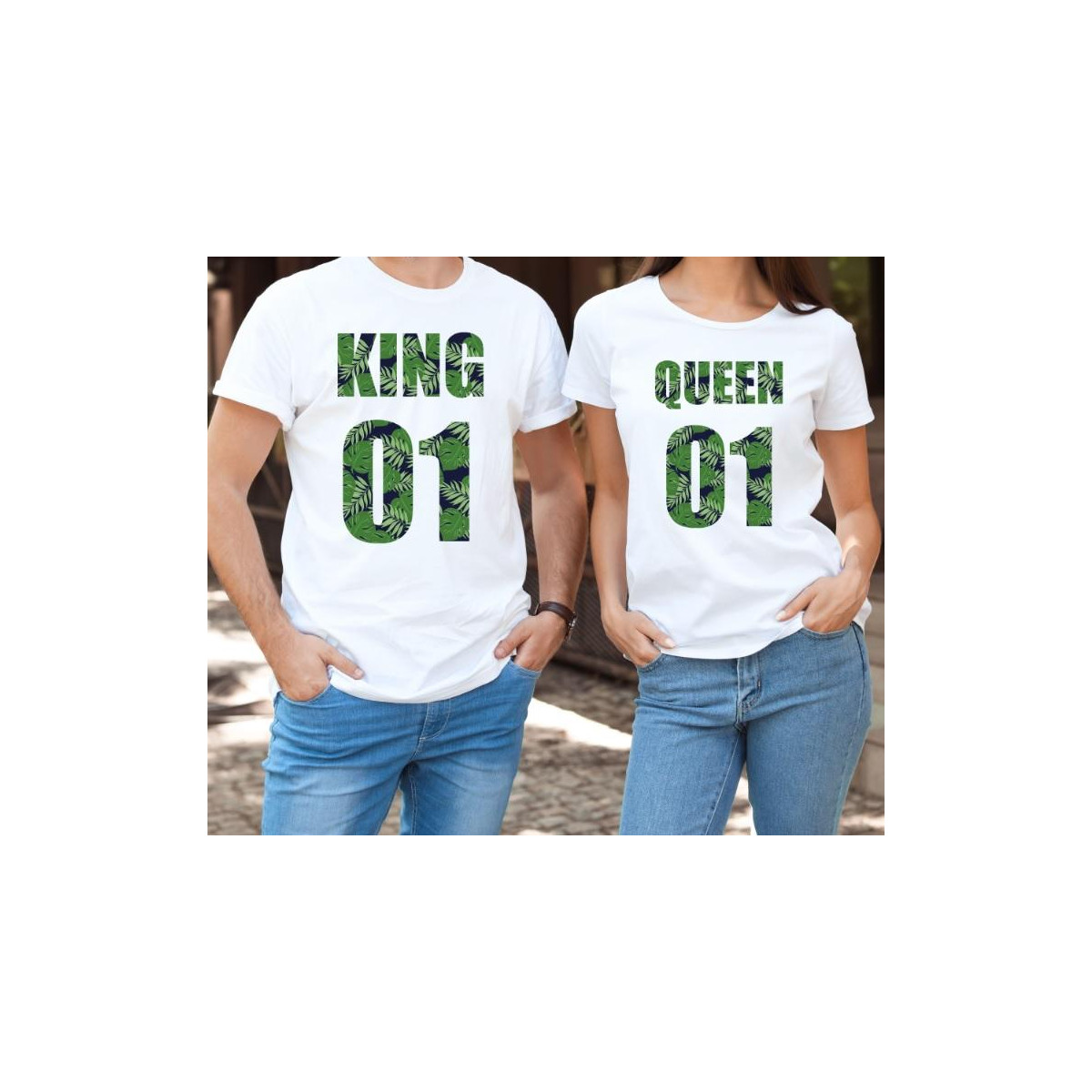 T-shirty dla par QUEEN & KING  weed przód lady/oversize biale 2 szt