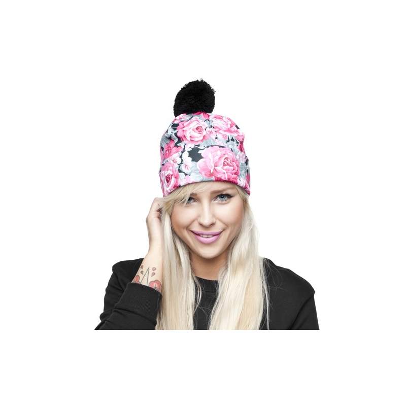 CZAPKA pompon FULLPRINT BLACK  ROSES