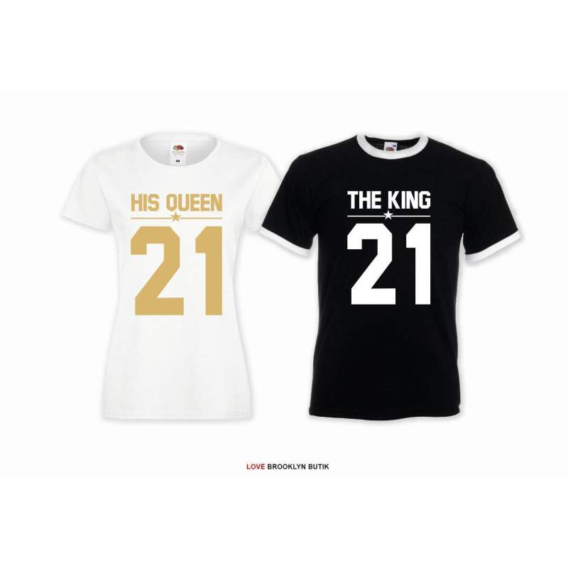 T-shirt DLA PAR 2 SZT HIS QUEEN 21 & THE KING 21 napis z przodu LADY FIT DLA NIEJ & OVERSIZE DLA NIEGO