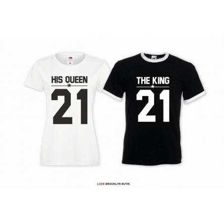 T-shirt DLA PAR 2 SZT HIS QUEEN 21 & THE KING 21 napis z przodu LADY FIT DLA NIEJ & OVERSIZE DLA NIEGO