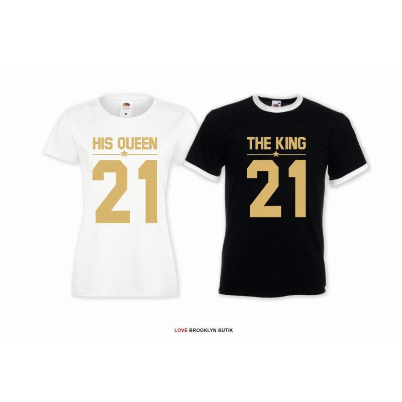 T-shirt DLA PAR 2 SZT HIS QUEEN 21 & THE KING 21 napis z przodu LADY FIT DLA NIEJ & OVERSIZE DLA NIEGO