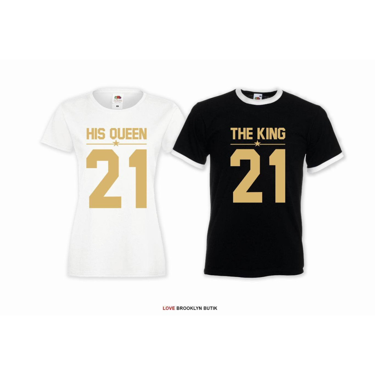 T-shirt DLA PAR 2 SZT HIS QUEEN 21 & THE KING 21 napis z przodu LADY FIT DLA NIEJ & OVERSIZE DLA NIEGO