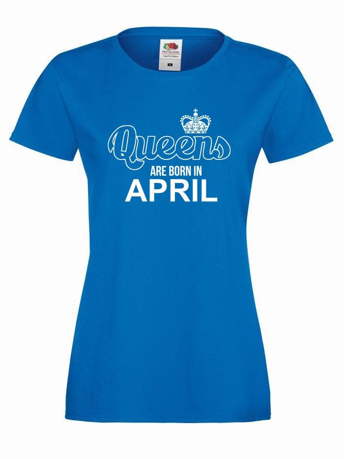 T-shirt lady QUEENS ARE BORN IN APRIL XL niebieski-biały