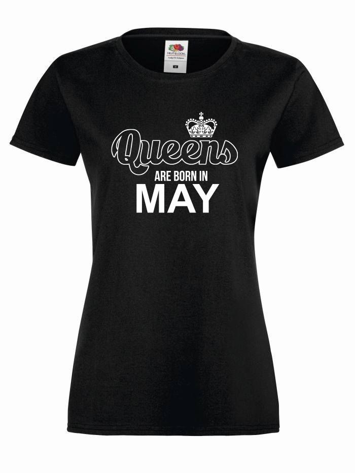 T-shirt lady QUEENS ARE BORN IN MAY S czarno-biały