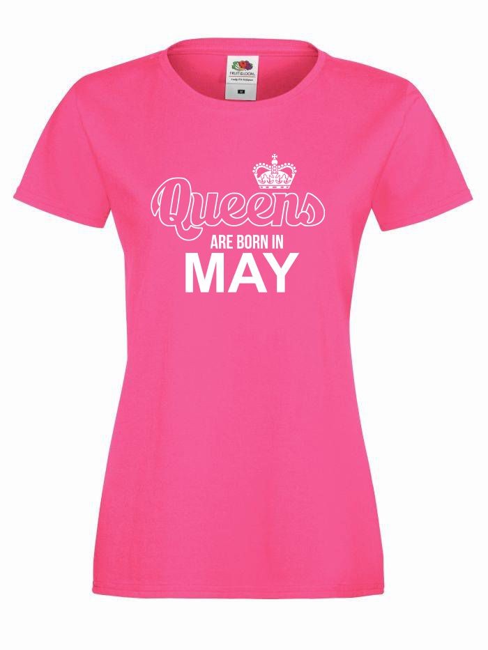 T-shirt lady QUEENS ARE BORN IN MAY S fuksja-biały
