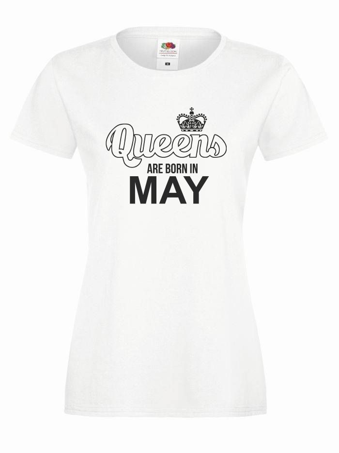 T-shirt lady QUEENS ARE BORN IN MAY L biały-czarny