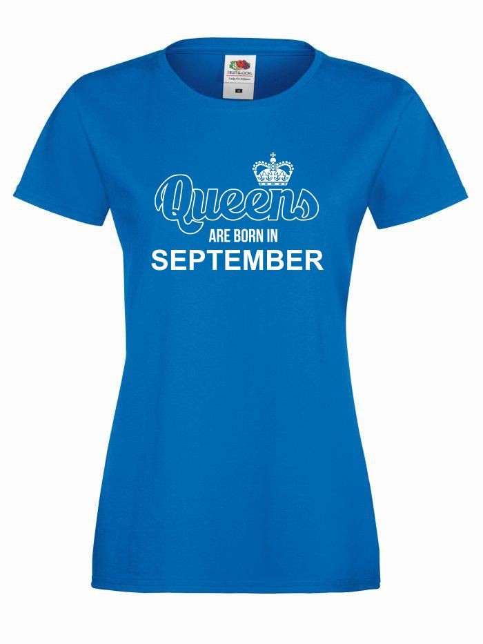 T-shirt lady QUEENS ARE BORN IN SEPTEMBER XL niebieski-biały