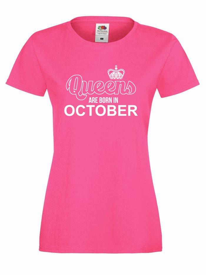 T-shirt lady QUEENS ARE BORN IN OCTOBER M fuksja-biały
