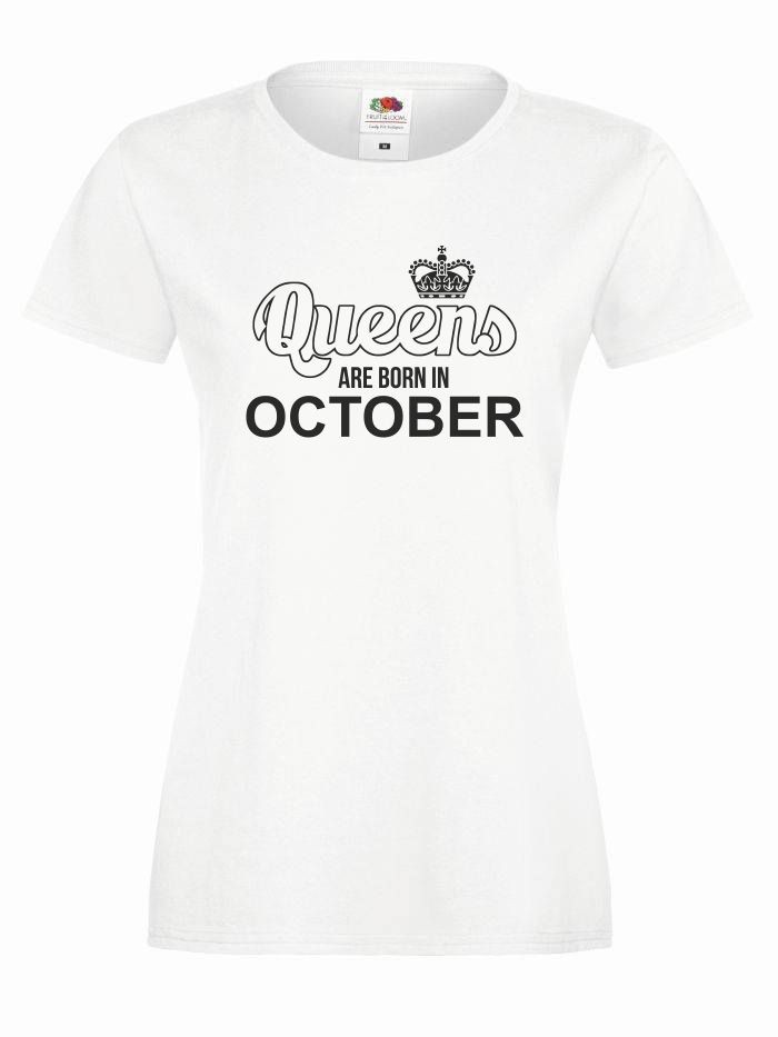 T-shirt lady QUEENS ARE BORN IN OCTOBER S biały-czarny