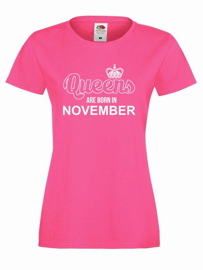 T-shirt lady QUEENS ARE BORN IN OCTOBER M fuksja-biały
