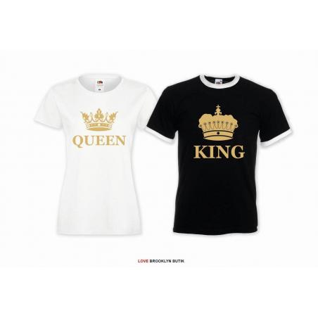 T-shirt DLA PAR 2 SZT QUEEN & KING CORONE napis z przodu LADY FIT DLA NIEJ & OVERSIZE DLA NIEGO