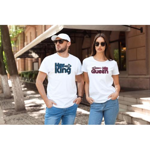 T-shirty dla par HIS QUEEN & HER KING  przód biale 2 szt lady/oversize