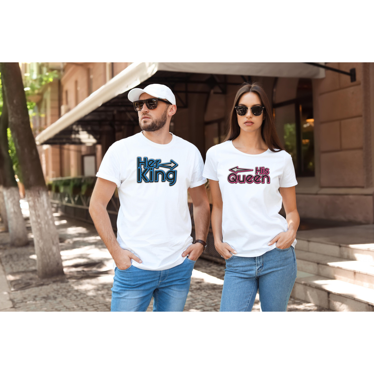 T-shirty dla par HIS QUEEN & HER KING  przód biale 2 szt lady/oversize