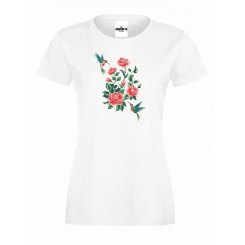 T-shirt lady slim DTG roses with humming-birds