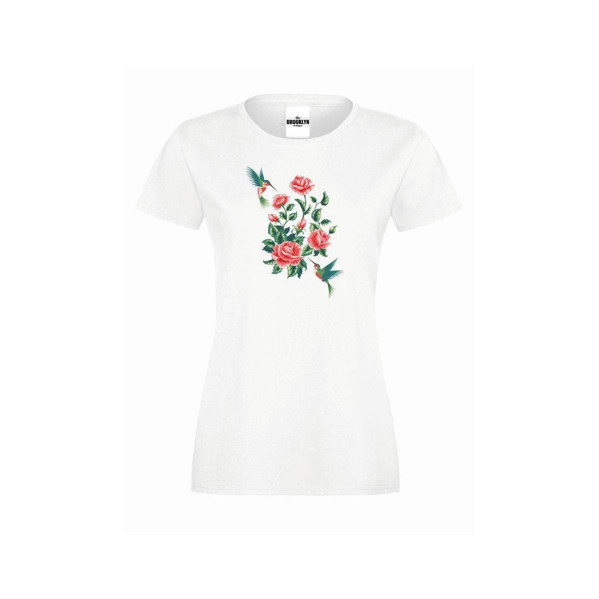 T-shirt lady slim DTG roses with humming-birds