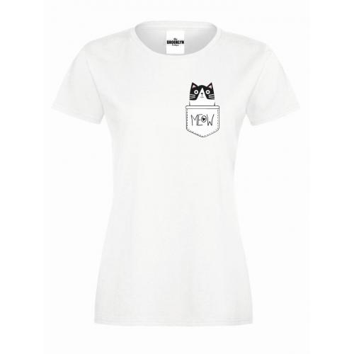 T-shirt lady slim DTG kieszonka meow