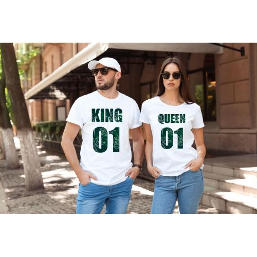 T-shirty dla par QUEEN & KING  Wood przód biale 2 szt lady/oversize