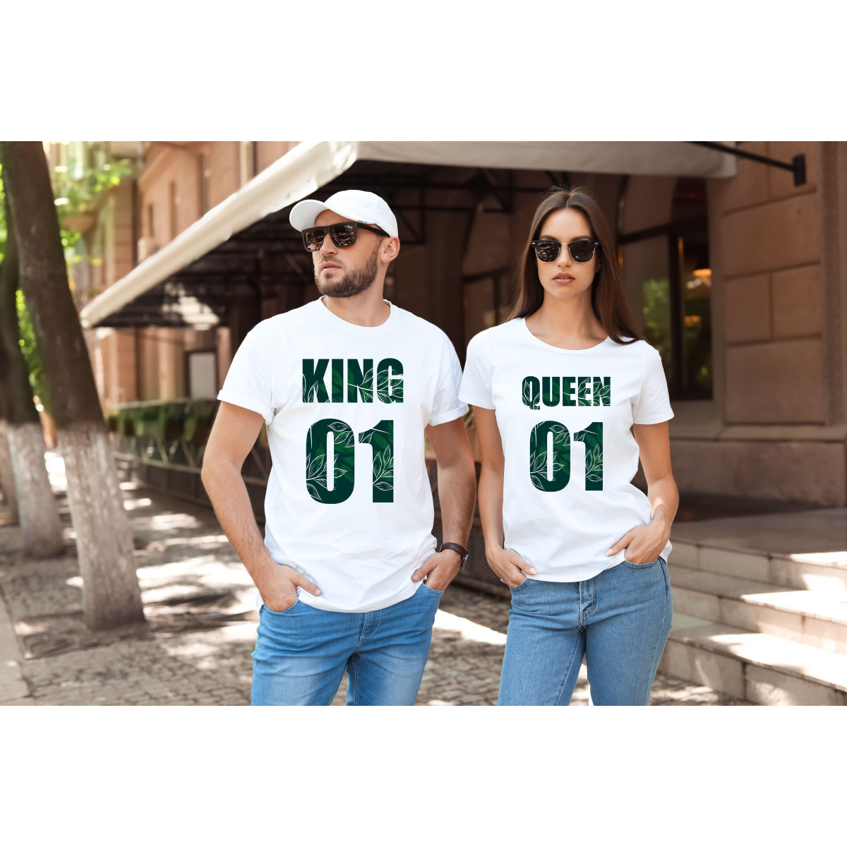 T-shirty dla par QUEEN & KING  Wood przód biale 2 szt lady/oversize