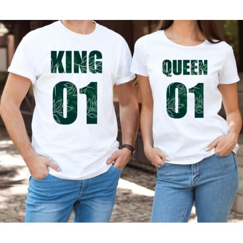 T-shirty dla par QUEEN & KING  Wood przód biale 2 szt lady/oversize