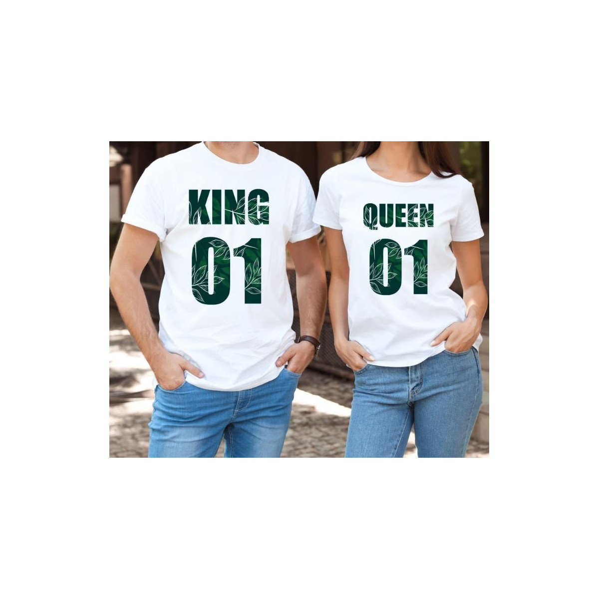 T-shirty dla par QUEEN & KING  Wood przód biale 2 szt lady/oversize