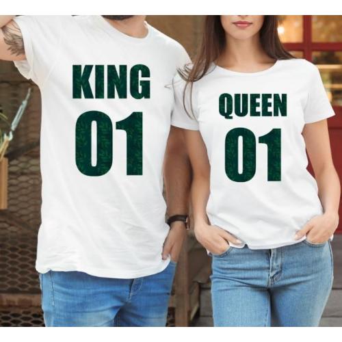 T-shirty dla par QUEEN & KING  monstera przód lady/oversize biale 2 szt