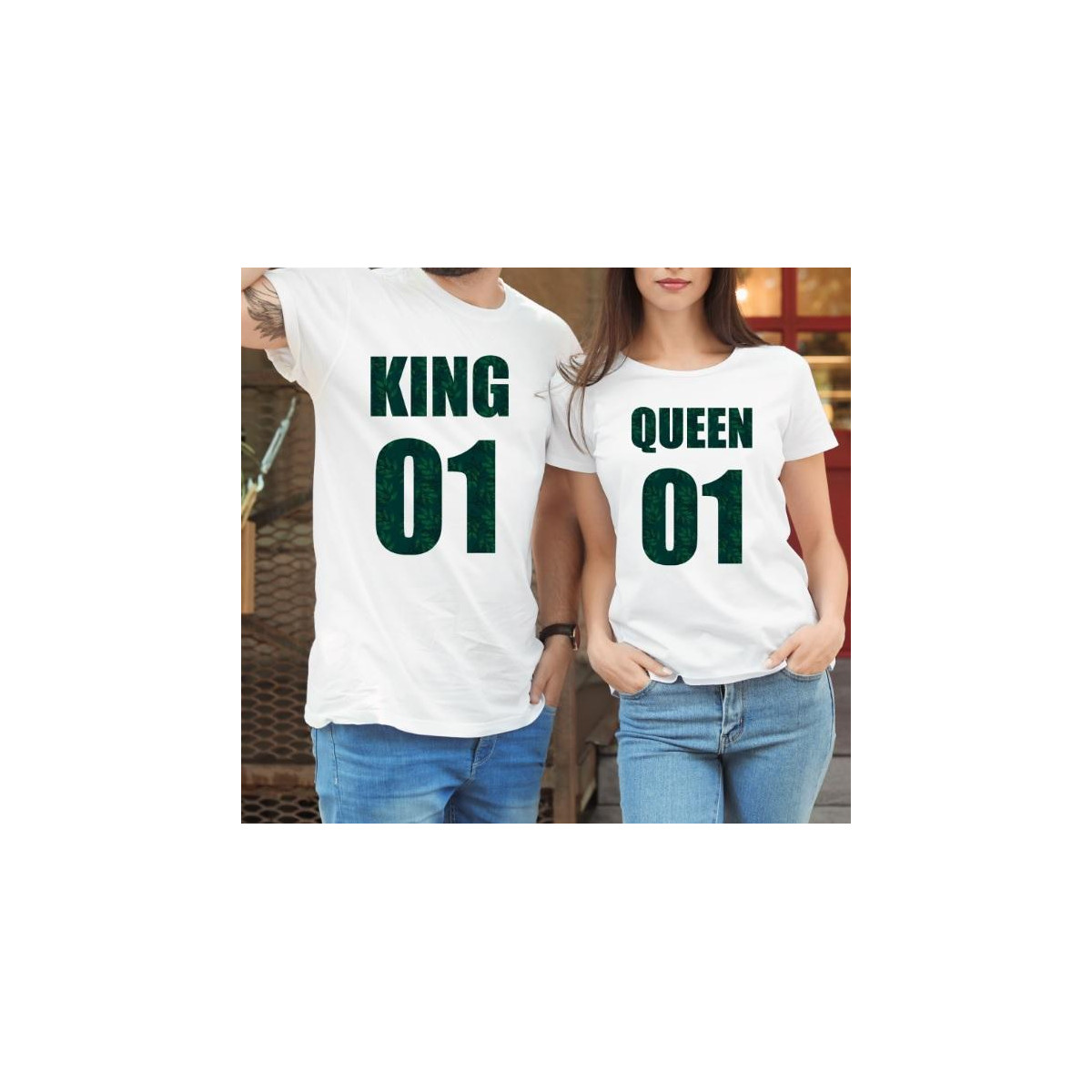 T-shirty dla par QUEEN & KING  monstera przód lady/oversize biale 2 szt