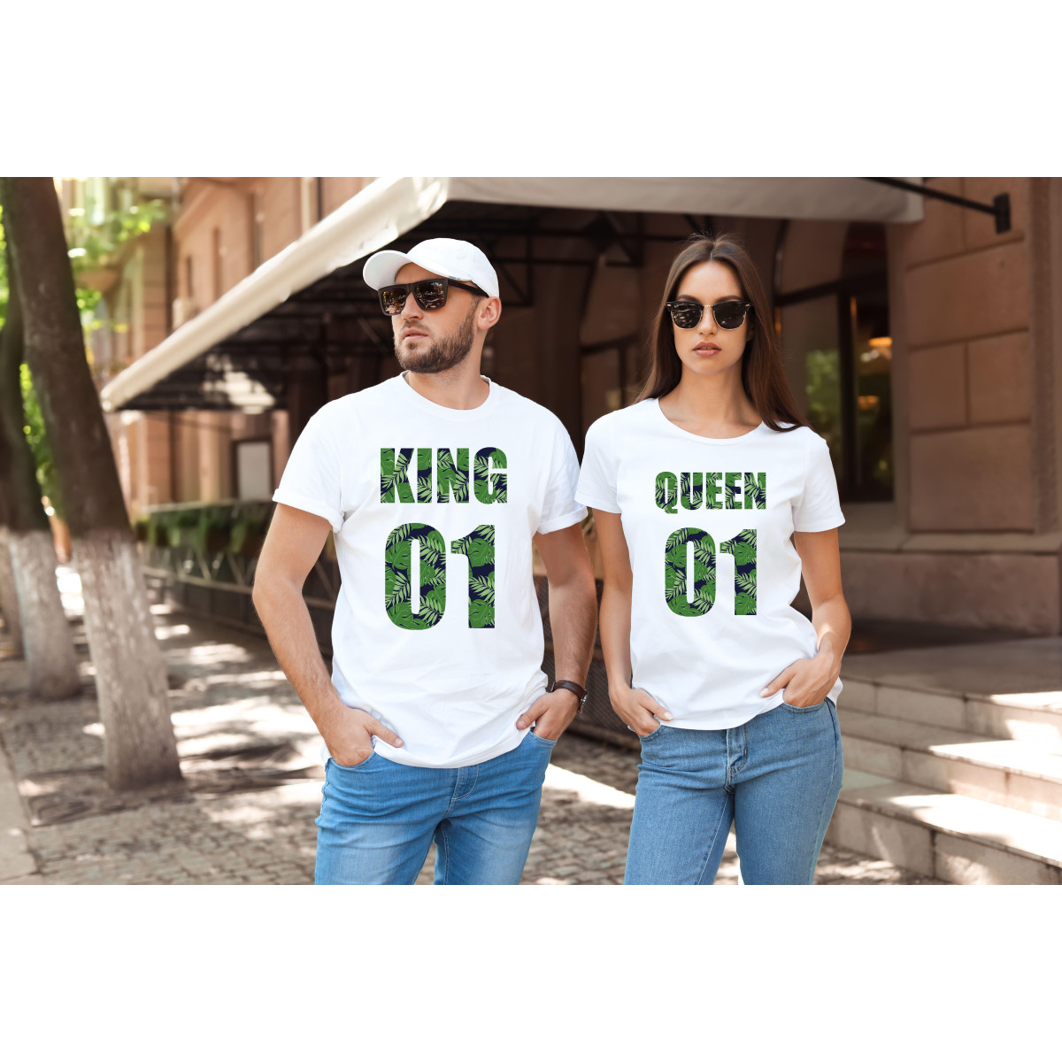 T-shirty dla par QUEEN & KING  weed przód lady/oversize biale 2 szt