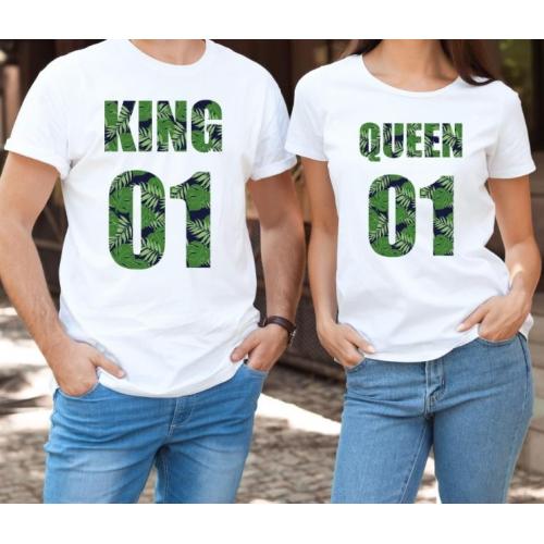 T-shirty dla par QUEEN & KING  weed przód lady/oversize biale 2 szt