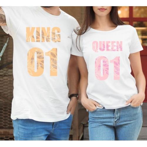 T-shirty dla par QUEEN & KING  monstrea flower przód lady/oversize biale 2 szt