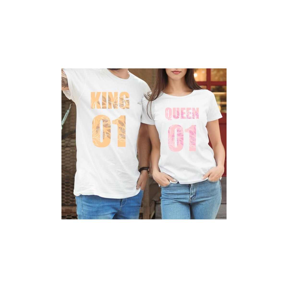 T-shirty dla par QUEEN & KING  monstrea flower przód lady/oversize biale 2 szt
