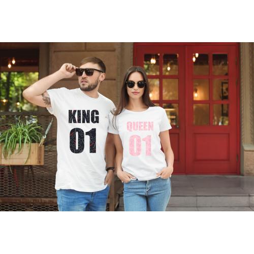 T-shirty dla par QUEEN & KING  monstrea brown/pink lady/oversize biale 2 szt