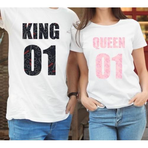 T-shirty dla par QUEEN & KING  monstrea brown/pink lady/oversize biale 2 szt