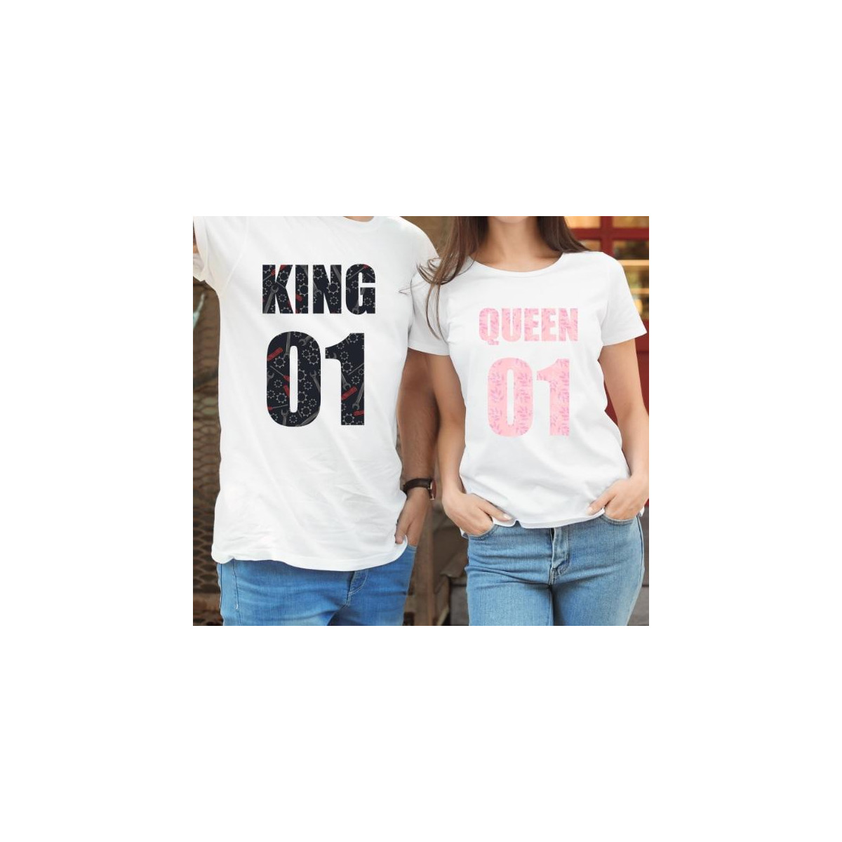T-shirty dla par QUEEN & KING  monstrea brown/pink lady/oversize biale 2 szt
