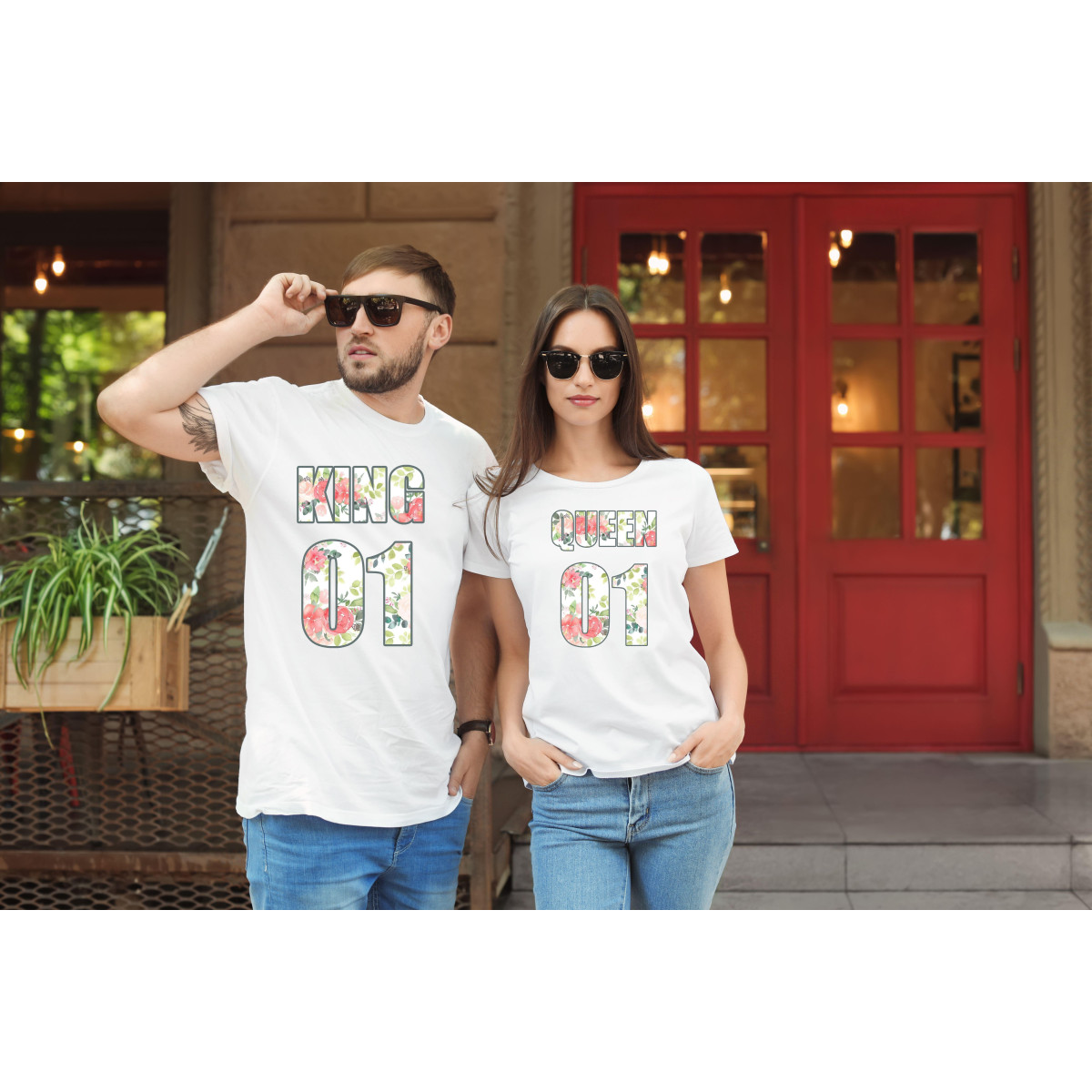 T-shirty dla par QUEEN & KING  monstrea klucze/kwiaty lady/oversize biale 2 szt