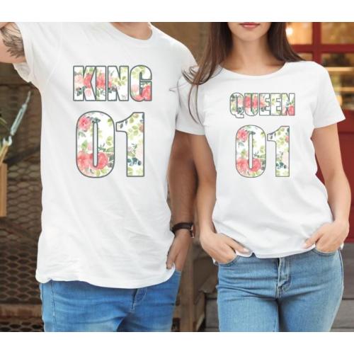 T-shirty dla par QUEEN & KING  monstrea klucze/kwiaty lady/oversize biale 2 szt
