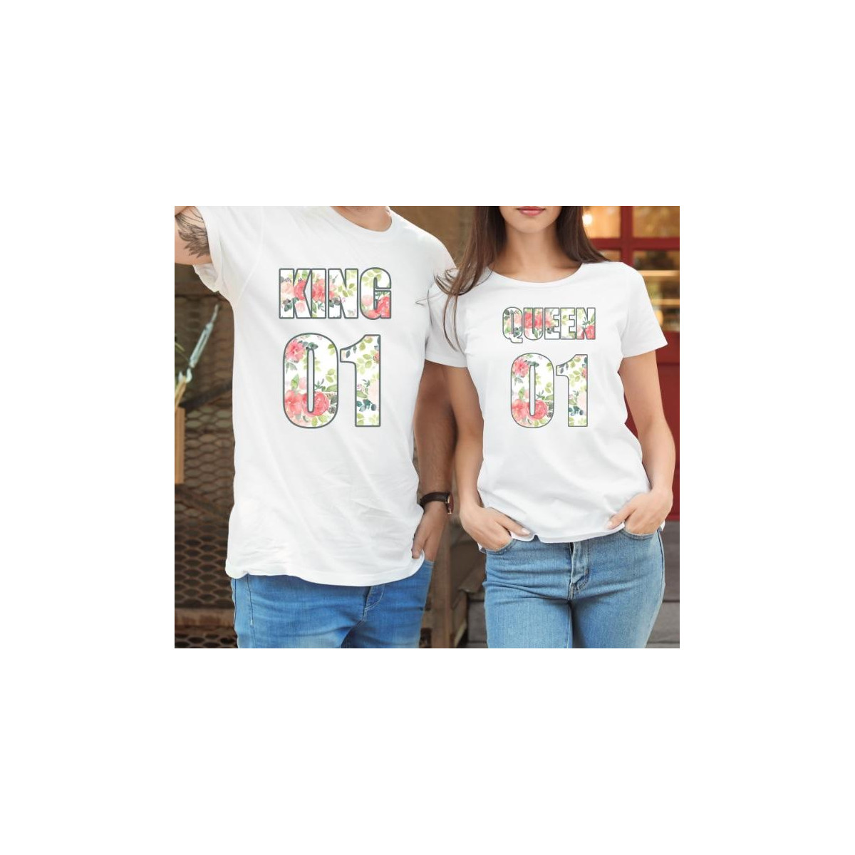 T-shirty dla par QUEEN & KING  monstrea klucze/kwiaty lady/oversize biale 2 szt
