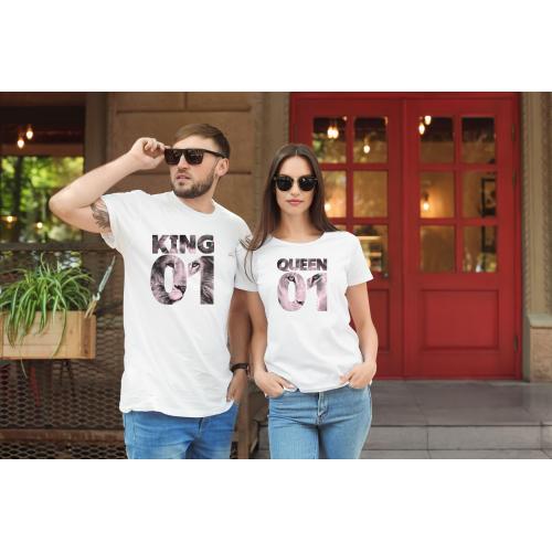 T-shirty dla par QUEEN & KING  monstrea klucze/kwiaty lady/oversize biale 2 szt