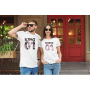 T-shirty dla par QUEEN & KING  monstrea klucze/kwiaty lady/oversize biale 2 szt
