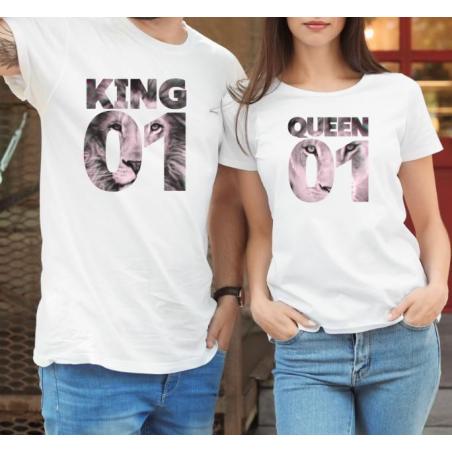 T-shirty dla par QUEEN & KING  monstrea klucze/kwiaty lady/oversize biale 2 szt