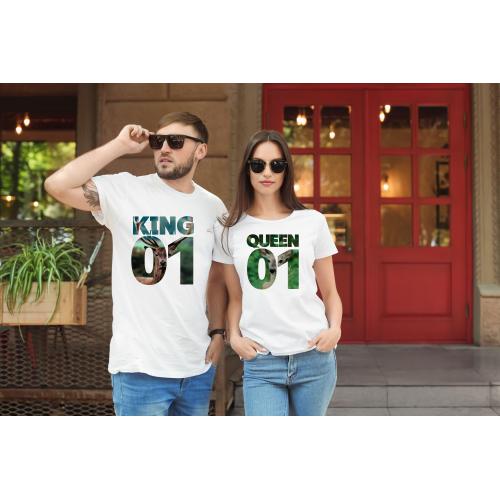 T-shirty dla par QUEEN & KING  monstrea klucze/kwiaty lady/oversize biale 2 szt