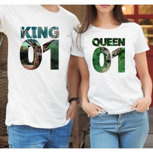 T-shirty dla par QUEEN & KING  monstrea klucze/kwiaty lady/oversize biale 2 szt