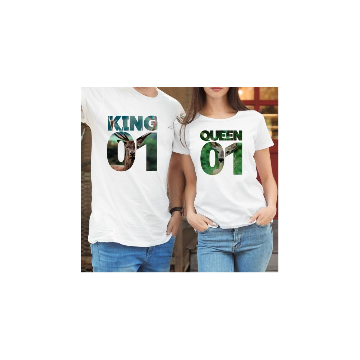 T-shirty dla par QUEEN & KING  monstrea klucze/kwiaty lady/oversize biale 2 szt