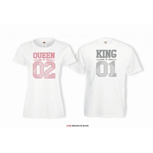 T-shirty dla par King 01 & Queen 01 przód biale 2 szt lady/oversize pink/grey